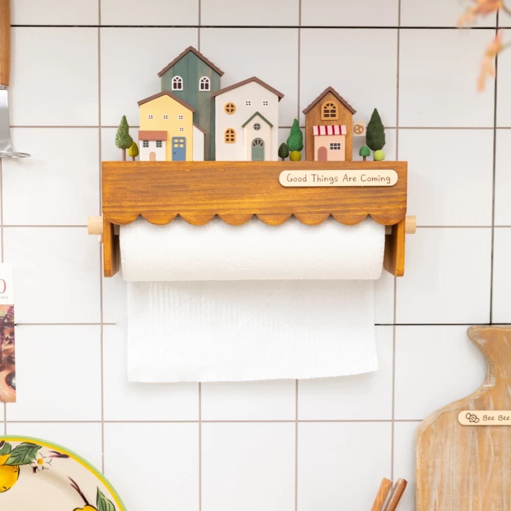 Wall Mounted Wooden Kitchen Paper Towel Holder Plastic Film Storage Rack Towel Rag Rack Figure Blind Box Doll Display Stand Gift