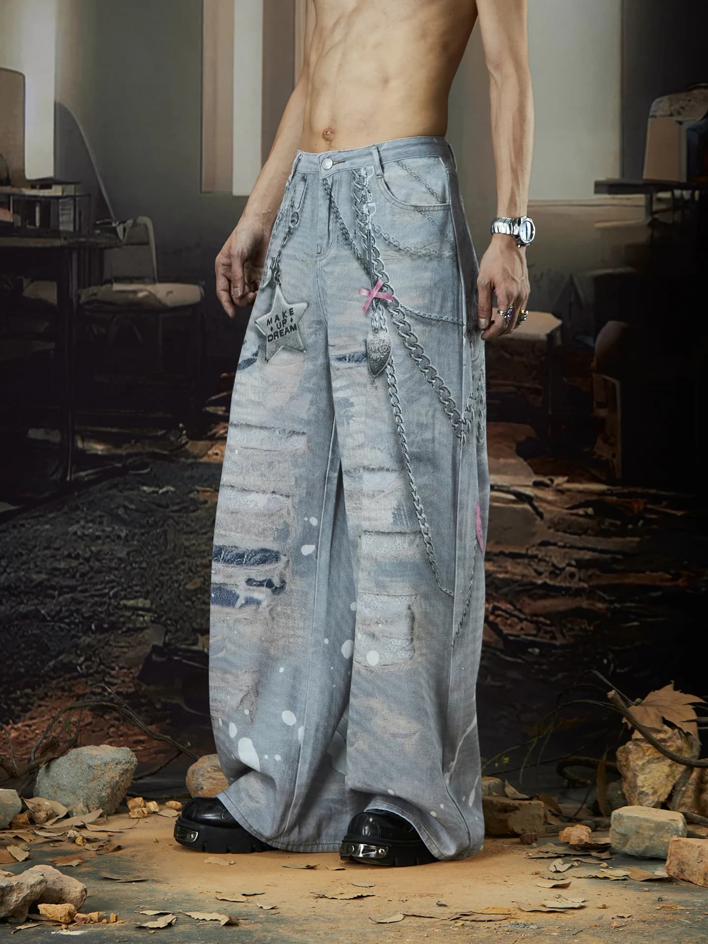 Design Pittura a olio Texture Stampa digitale Catena lavata e indossata Jeans stampati dritti larghi Estate sottile