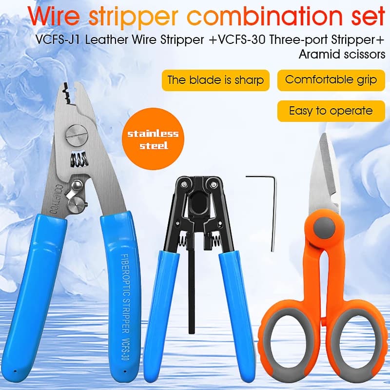 Kit di strumenti per fibra ottica da 3 pezzi VCFS-20/30 Spellafili per fibra ottica a due/tre porte in acciaio inossidabile e forbici per aramide e spelafili