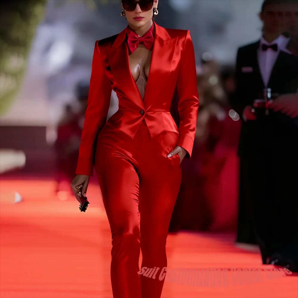 Shiny Red Women Clothes Eye-catching Single Button Peaked Lapel Suit Luxury Tailored Blazer+Pants Set for Evening Party