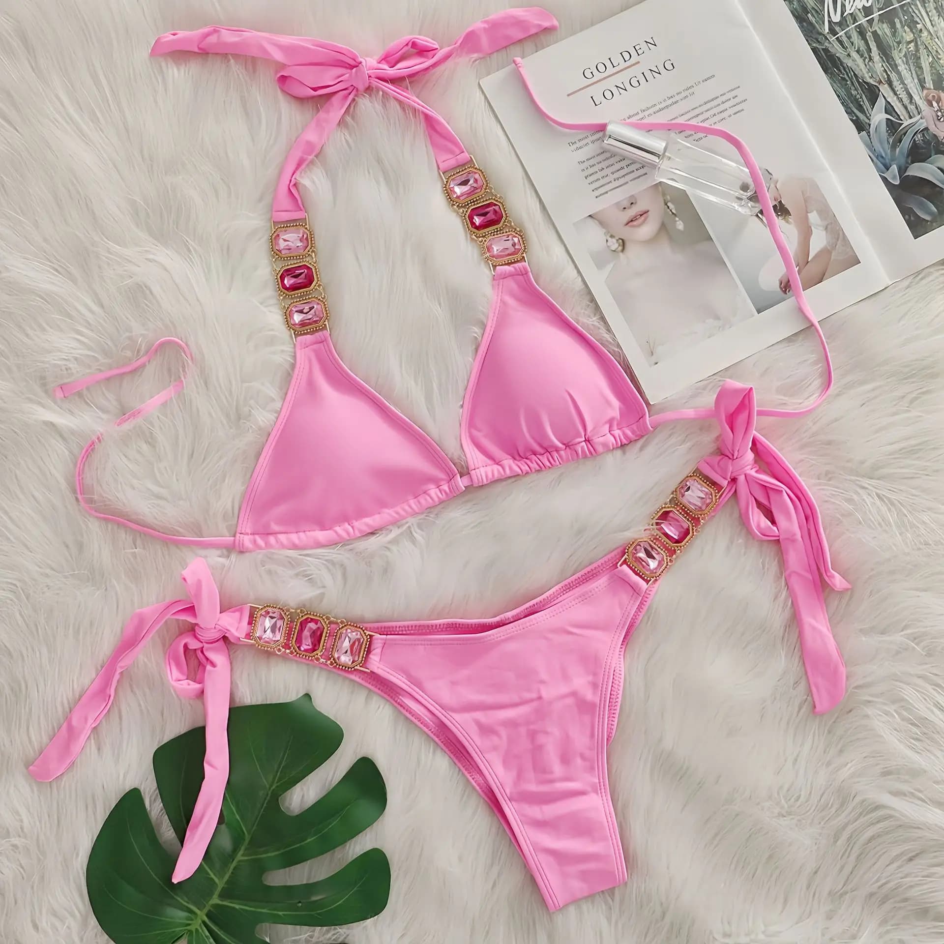 Brazilian Halter bikini with Rhinestones and Diamonds, Two Piece Swimwear, Bikini Set with Scrunch Butt Effect