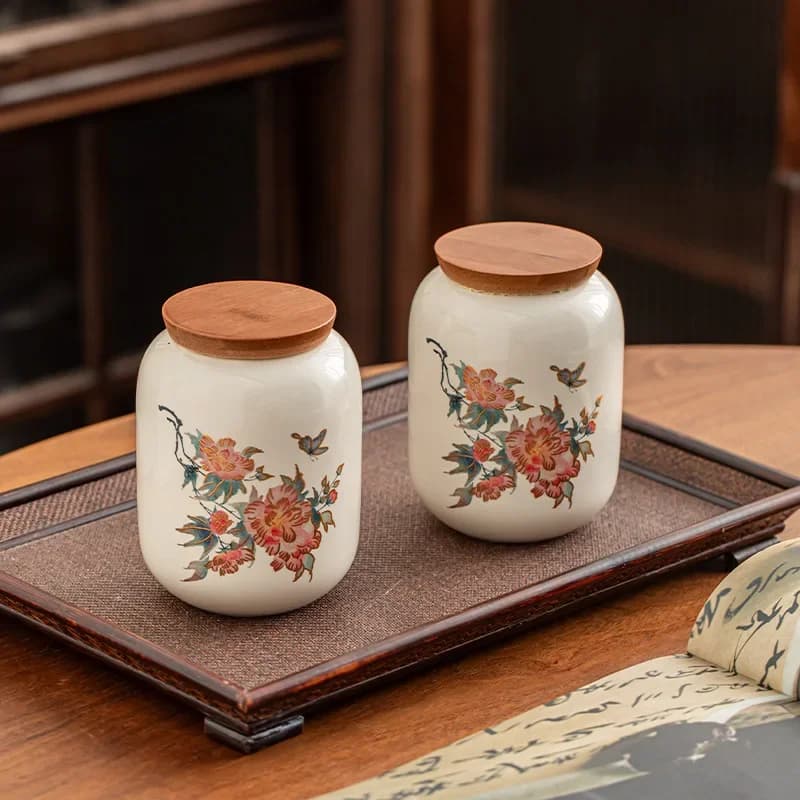 Creative Yellow Peony Ceramic Storage Canister with Bamboo Wooden Lid Moisture-proof Sealed Canister Nuts and Coffee Beans Jar