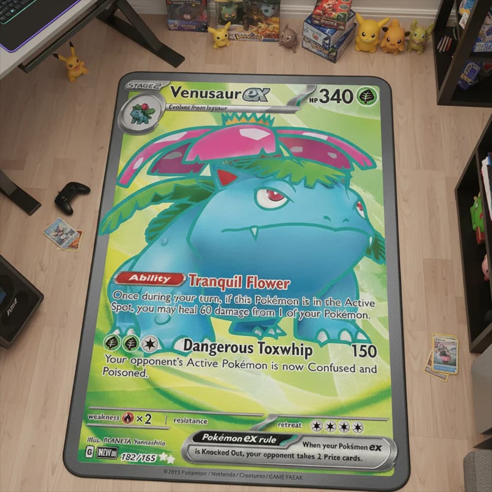 Cartoon Anime Pokemon Card Venusaur EX Tappetino per pavimento Decorazione per la camera dei bambini Tappeto antiscivolo, tappetino per animali domestici/giochi, morbida coperta decorativa