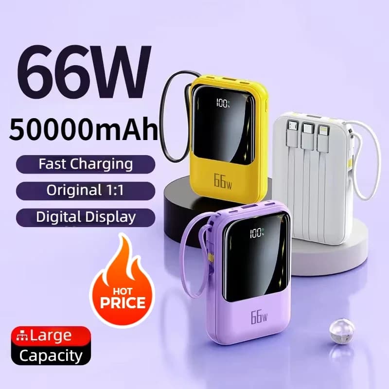 2026 New Portable Power Bank Fast Charging with 4 Cable 50000mAh External Battery Charger Cases for iPhone Samsung Xiaomi Type-C