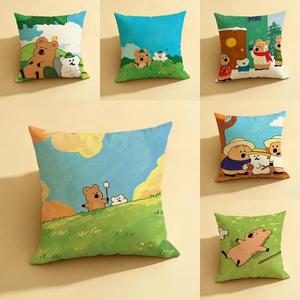 Fodera per cuscino in lino naturale con motivo orsetto S-Shijiao, set completo per divano, camera da letto e sedia