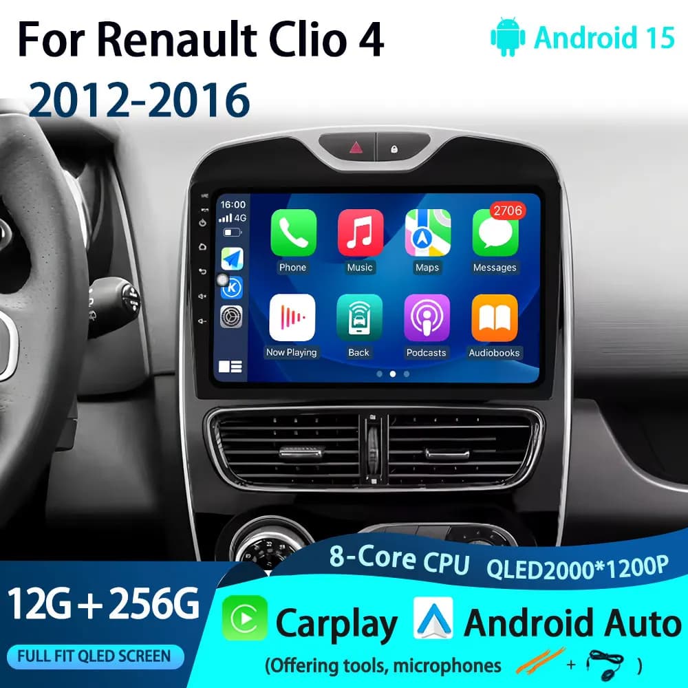 Per Renault Clio 4 2012-2016 Carplay Autoradio Lettore Video Multimediale Android 15 Auto WIFI Navigazione GPS DSP stereo BT strumenti