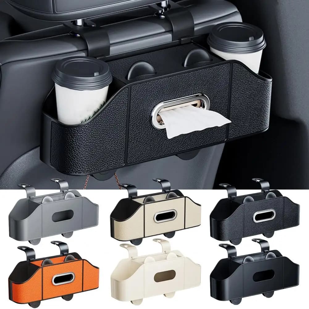 Organizer per Sedile Posteriore Auto con Portabicchieri e Portafazzoletti, Contenitore Appendibile per Poggiatesta, Accessori per Sedile Auto