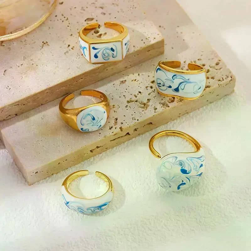 Anello vintage regolabile in rame con smalto a goccia blu e bianco, stile cinese, con fiore blu e porcellana, apertura irregolare