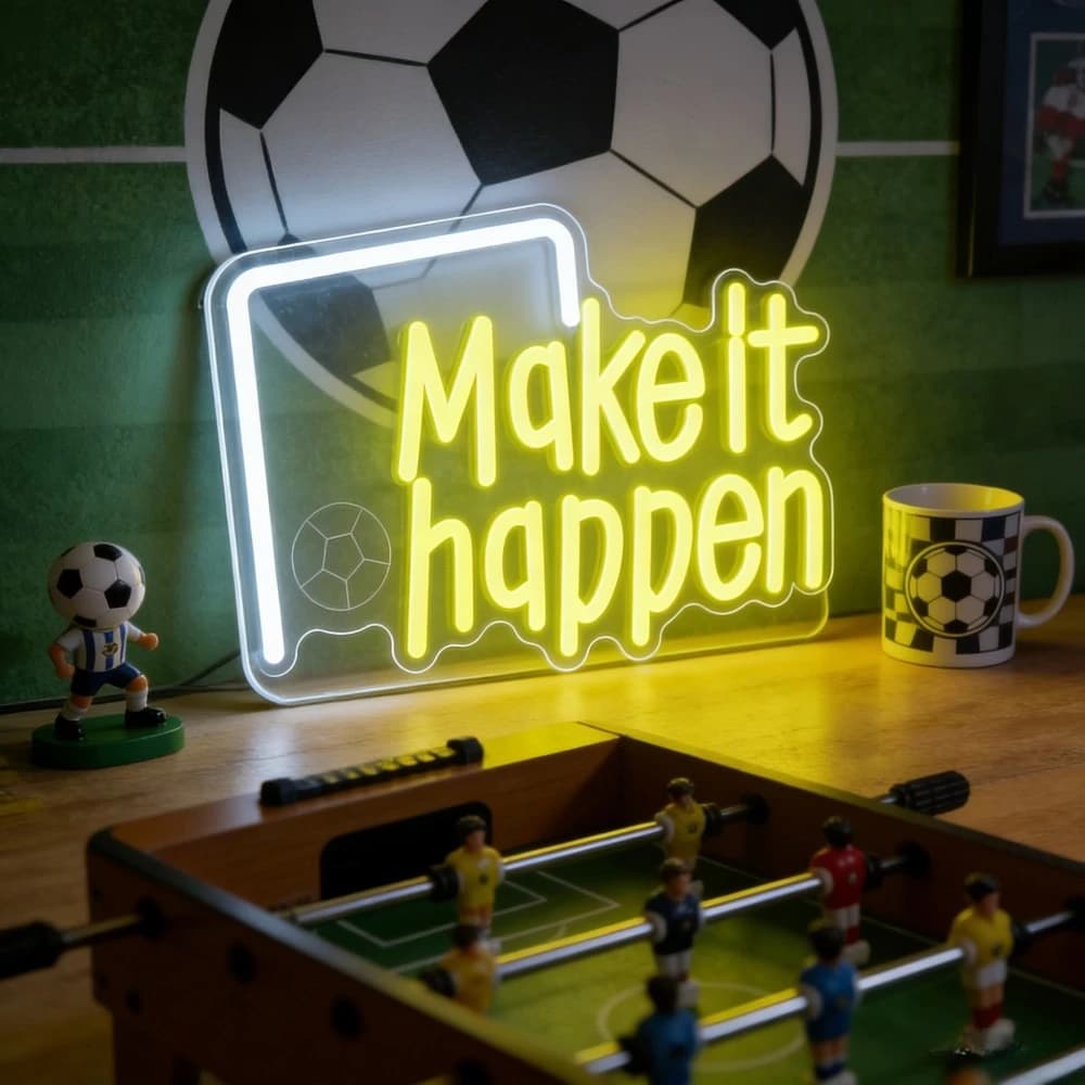 Insegna al Neon LED 'Make It Happen' a Tema Calcio, Decorazione da Parete per Camera da Letto, Casa, Bar, Sala Giochi, Illuminazione Sportiva Motivazionale, Regalo Ispirazionale