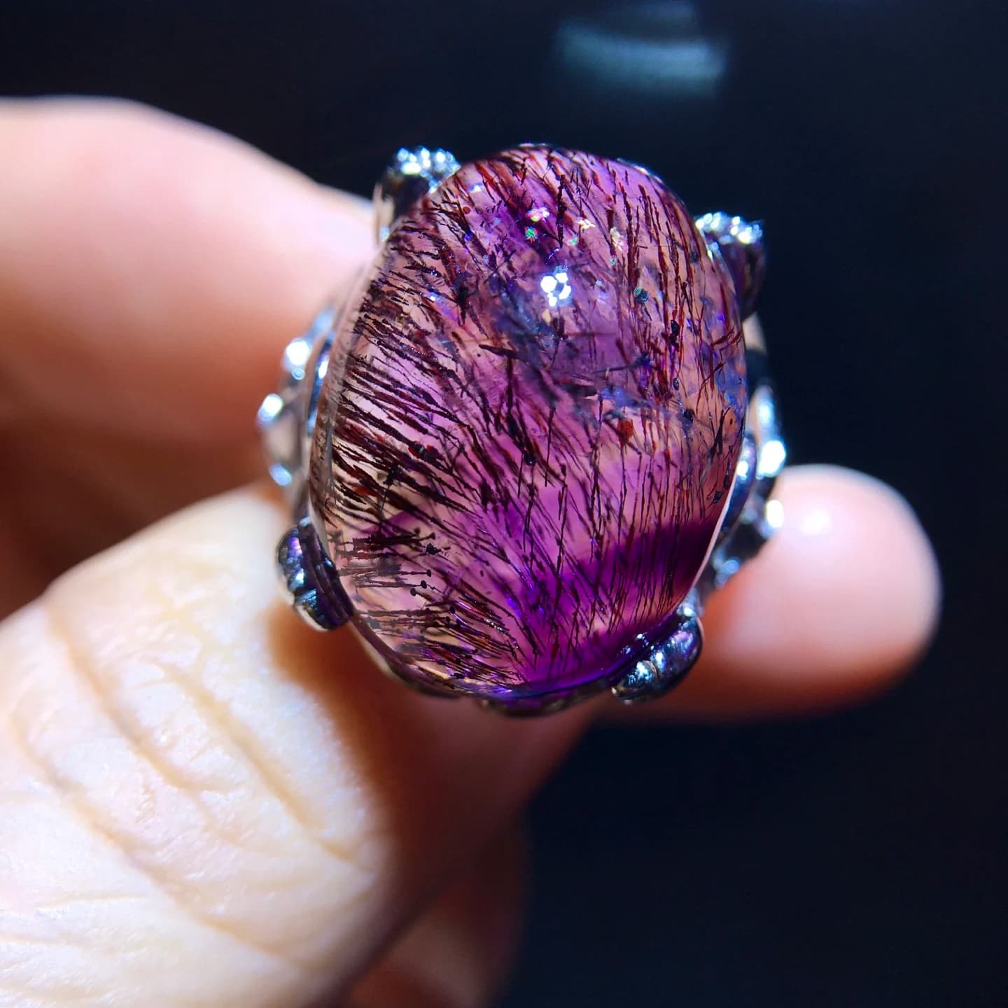 Natural Red Purple Super Seven 7 Adjustable Ring 19/14.5mm Purple Rutilated Women Men Jewelry AAAAAA