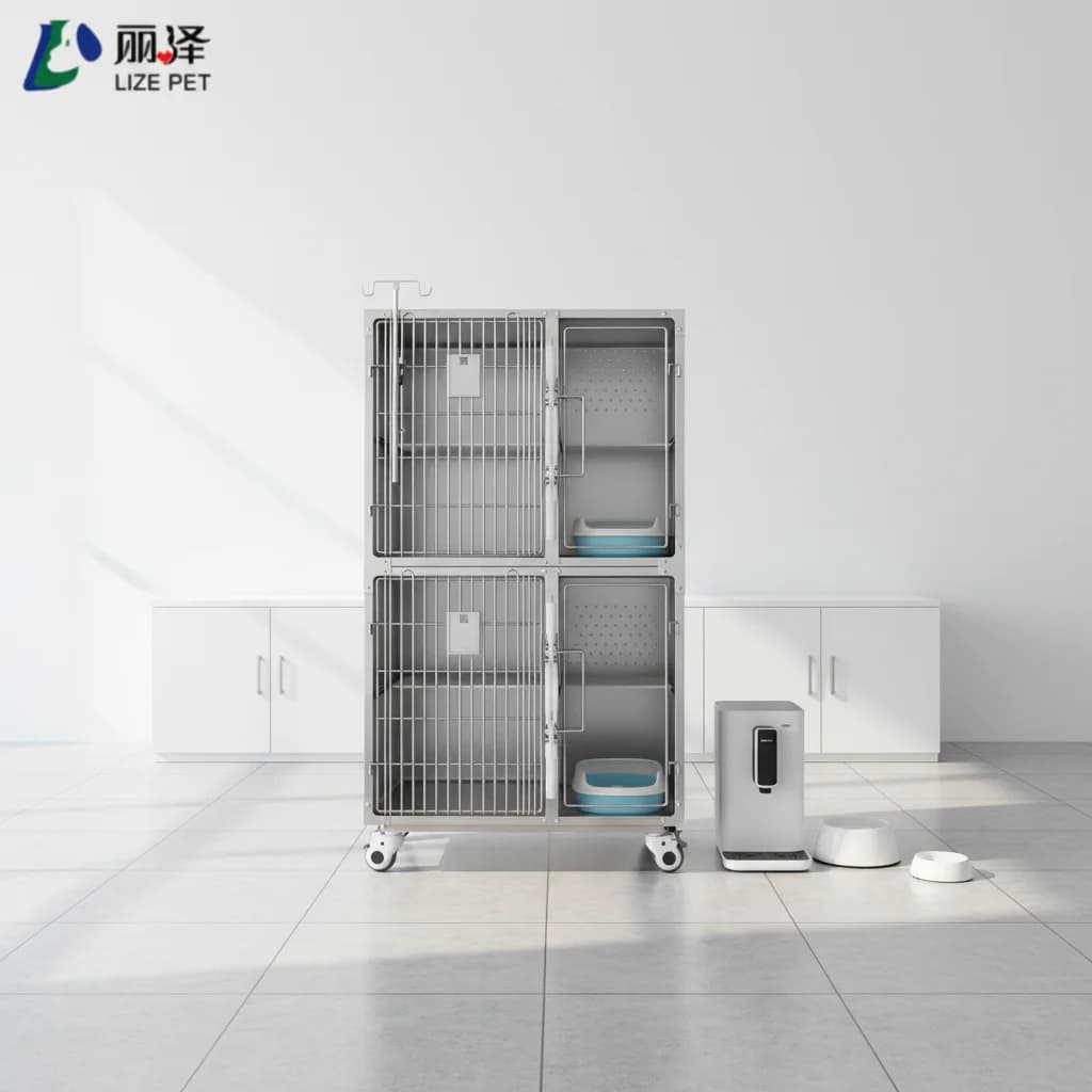 Double-Layer Heavy-Duty Stainless Steel Cat Cage High-End Pet Inpatient Veterinary Clinic Cage With Animal Pattern Litter Box