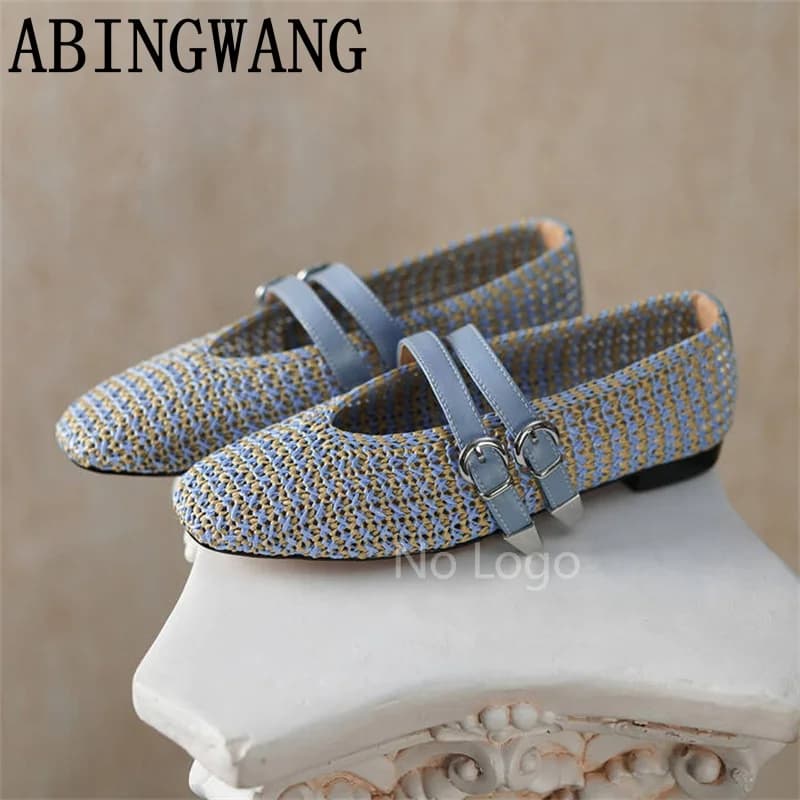 2026 Spring New Women Knitting Flats Heel Trainers Shoes Buckle Strap Thick Sole Loafers Female Shoes Outside Walking Shoes