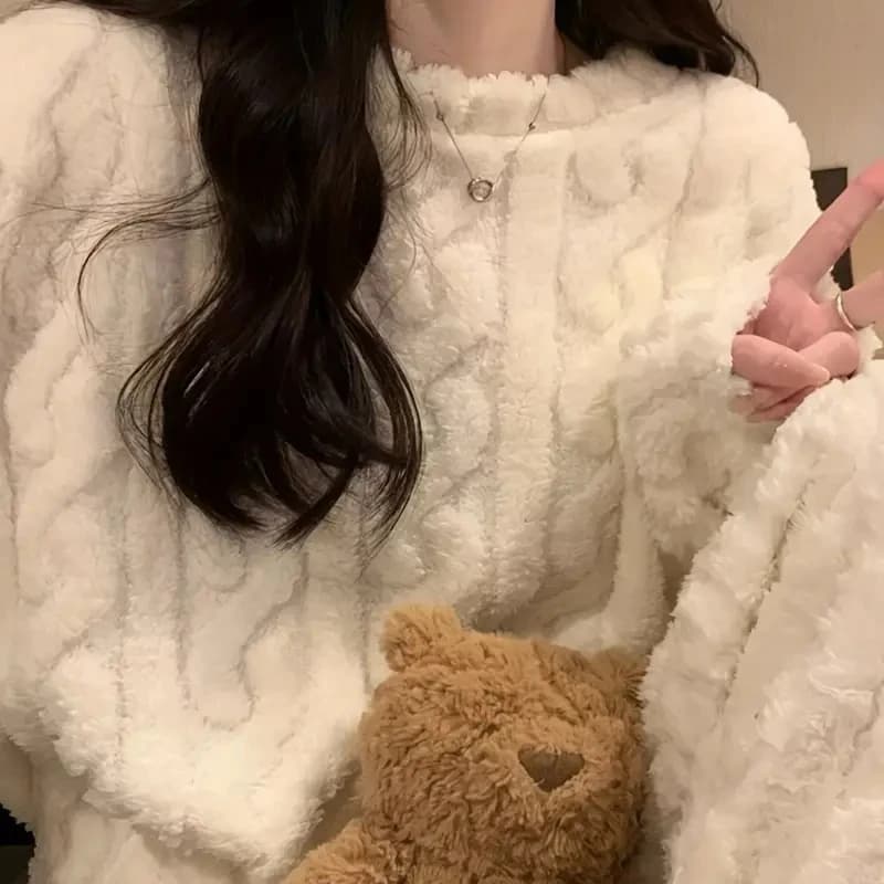 Winter Coral Fleece Pajama Set for Women Jacquard Loungewear Warm Outerwear for Home Christmas Holiday Back to School Gifts