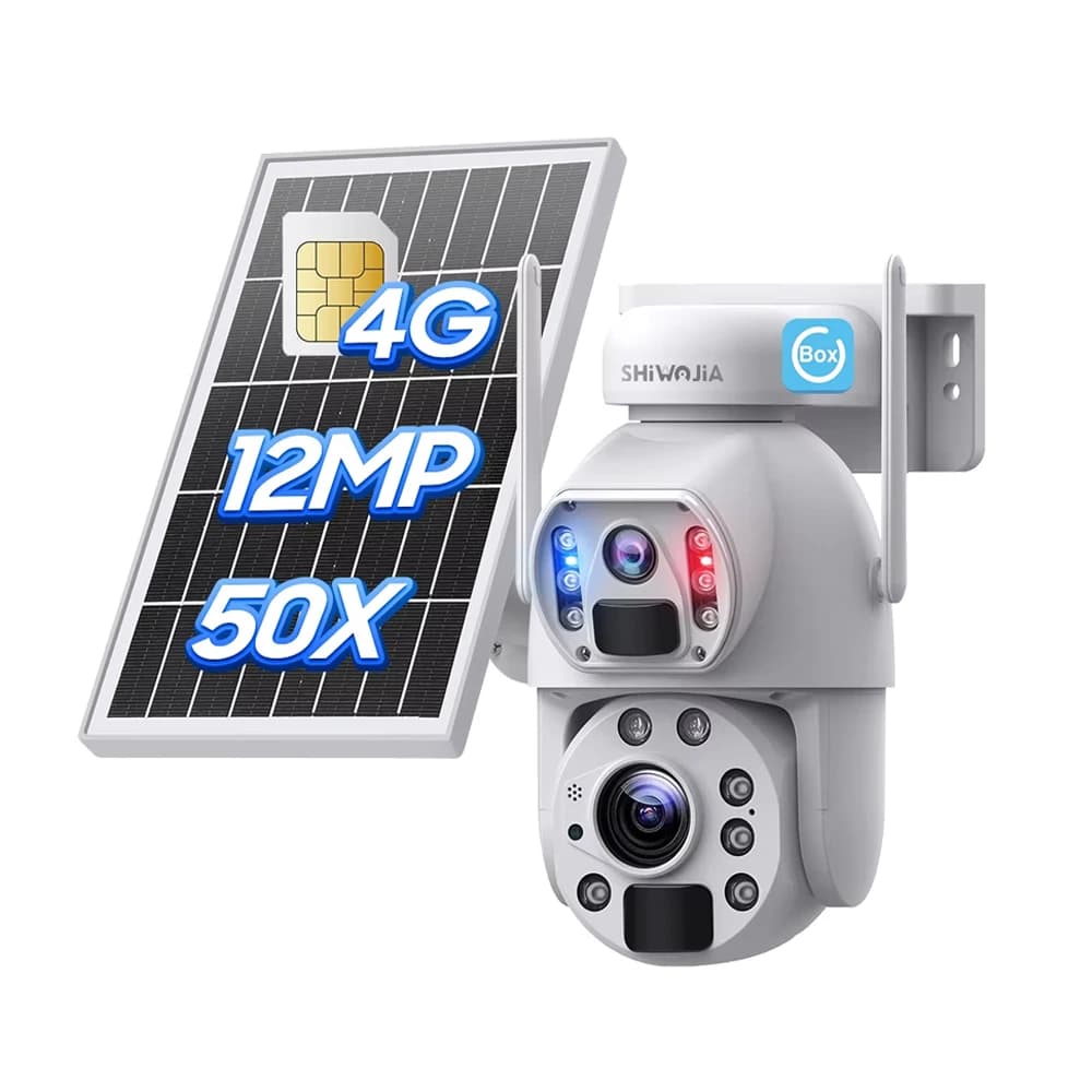 SHIWOJIA 12MP 4G SIM Solar Security Camera 50X Zoom Video Recording Dual-Lens Outdoor WiFi Battery PTZ Camera PIR Detection UBOX