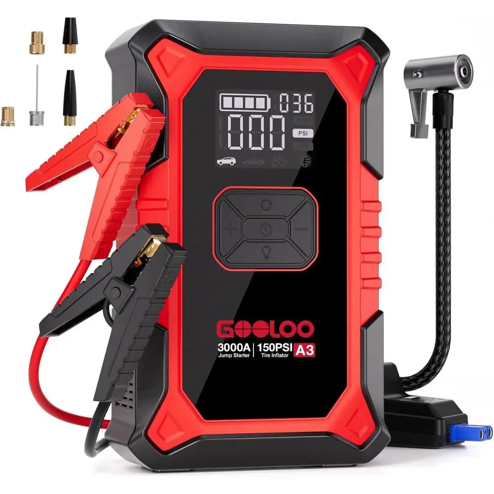 Avviatore d'Emergenza Portatile 3000A con Compressore d'Aria e Gonfiatore Automatico 150PSI con Manometro per Pneumatici