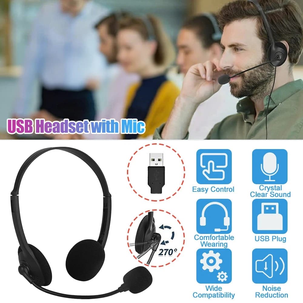 Universal adjustable USB wired headphones with noise cancellation headset helmet Tablet Computer headphones for PC Desktop Laptop
