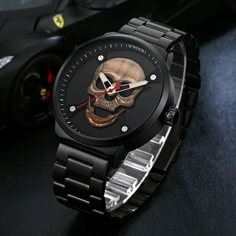 Men's Watch with Fashionable Skull, Sports Watches, Luxury Stainless Steel Waterproof Quartz Wrist Watch, Men's Creative Watch
