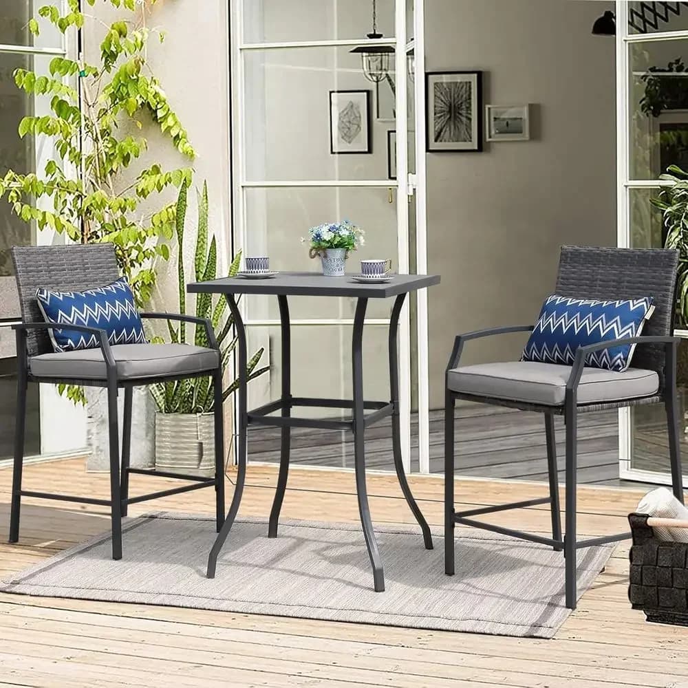2-Person Outdoor Wicker Bar Set with Cushioned Counter Height Chairs and Wooden Top