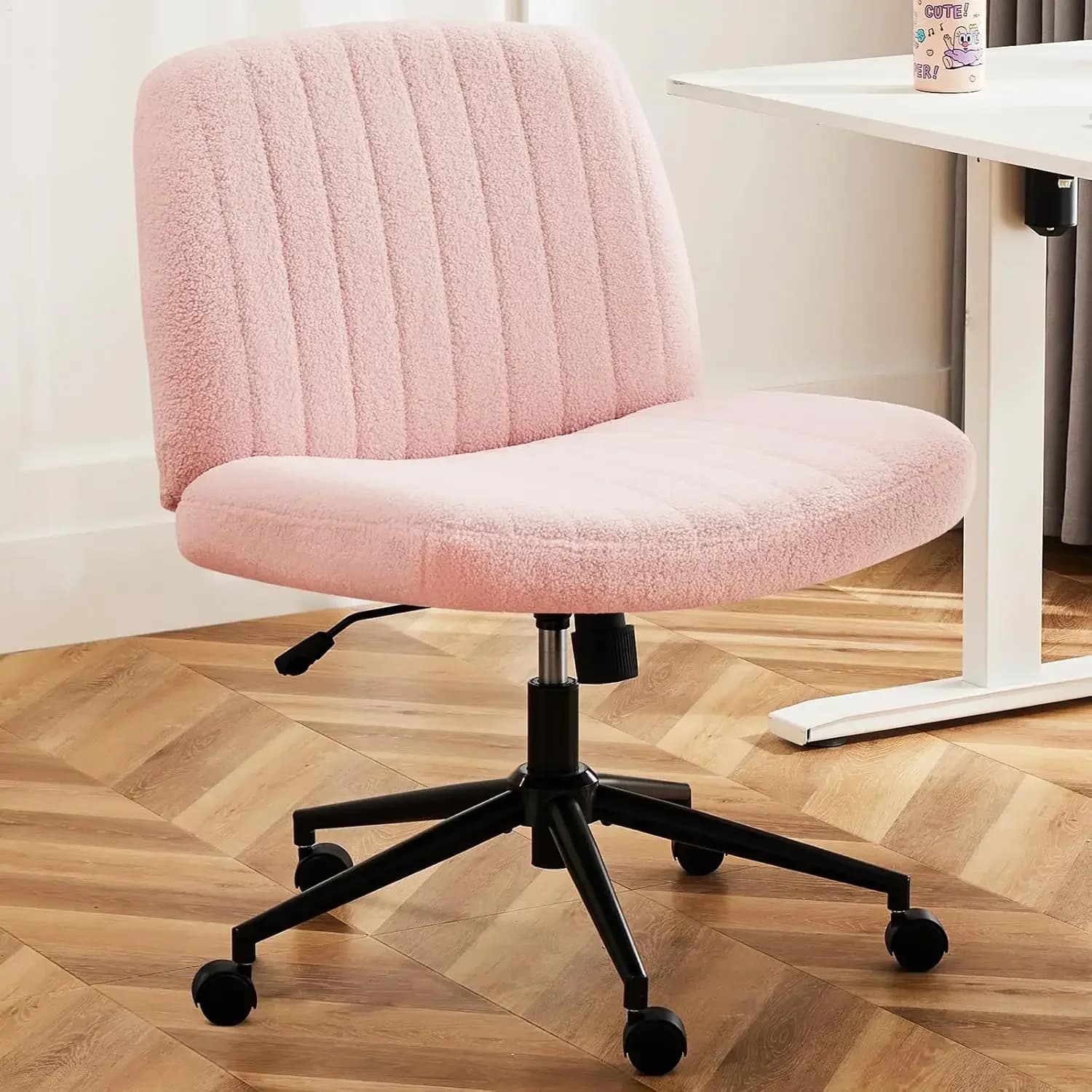 Sedia Criss Cross con Ruote, Seduta Larga da Ufficio Senza Braccioli con Base a Doppio Uso, Girevole Regolabile in Tessuto Teddy