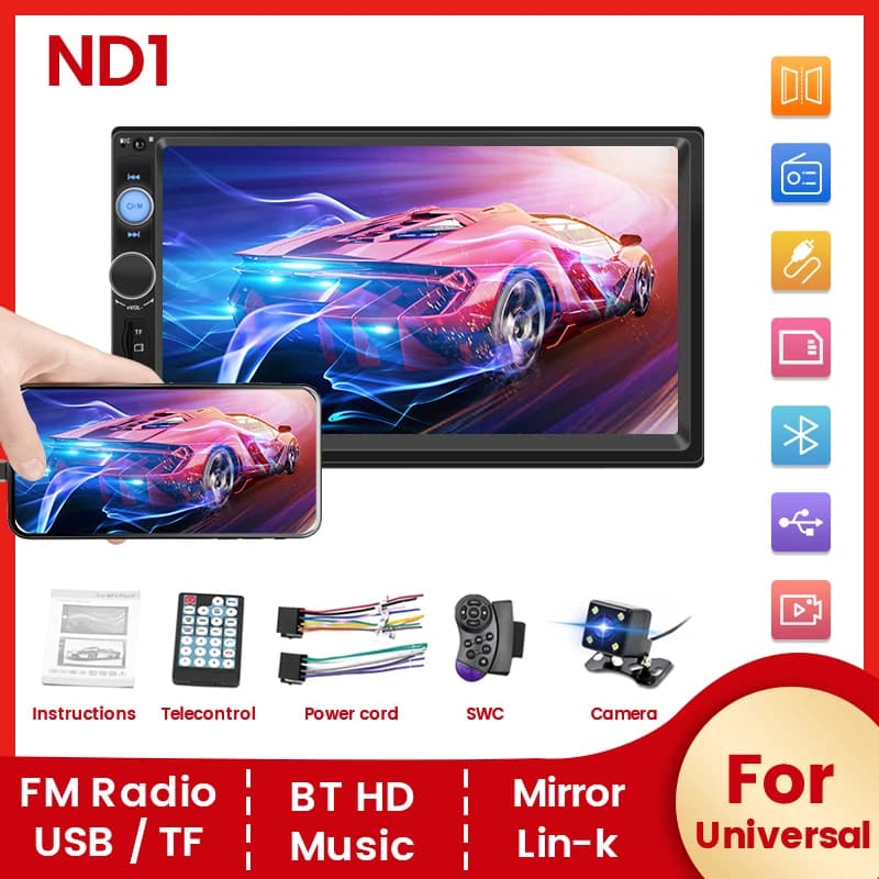 Navifly ND1 2 din Autoradio 7 "HD Touch Screen Autoradio Lettore multimediale Car Stereo universale Lettore MP5 BT SWC TF FM Camera