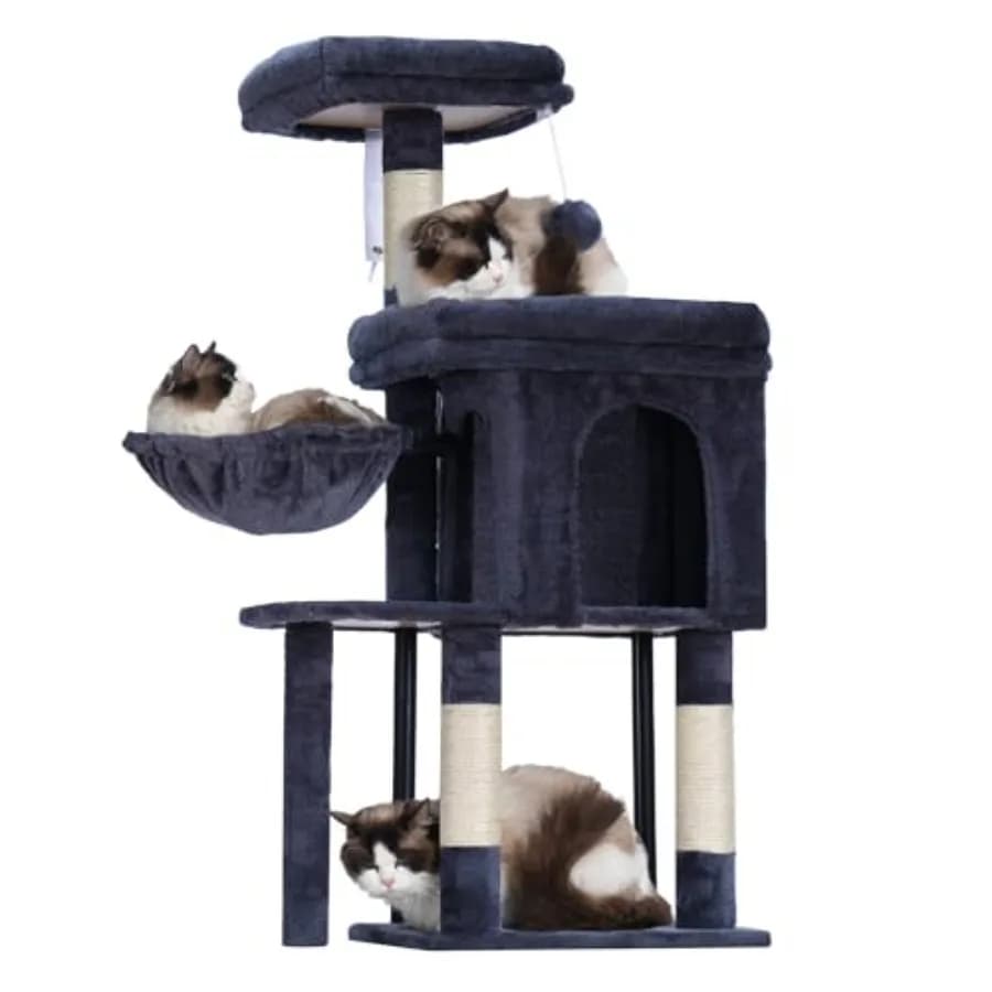 Torre Tiragraffi per Gatti con Cuccia Accogliente, Letto Imbottito, Amaca, Sdraio in Peluche, Palo in Sisal e Palla per Gattini da Interno 44,9 Pollici