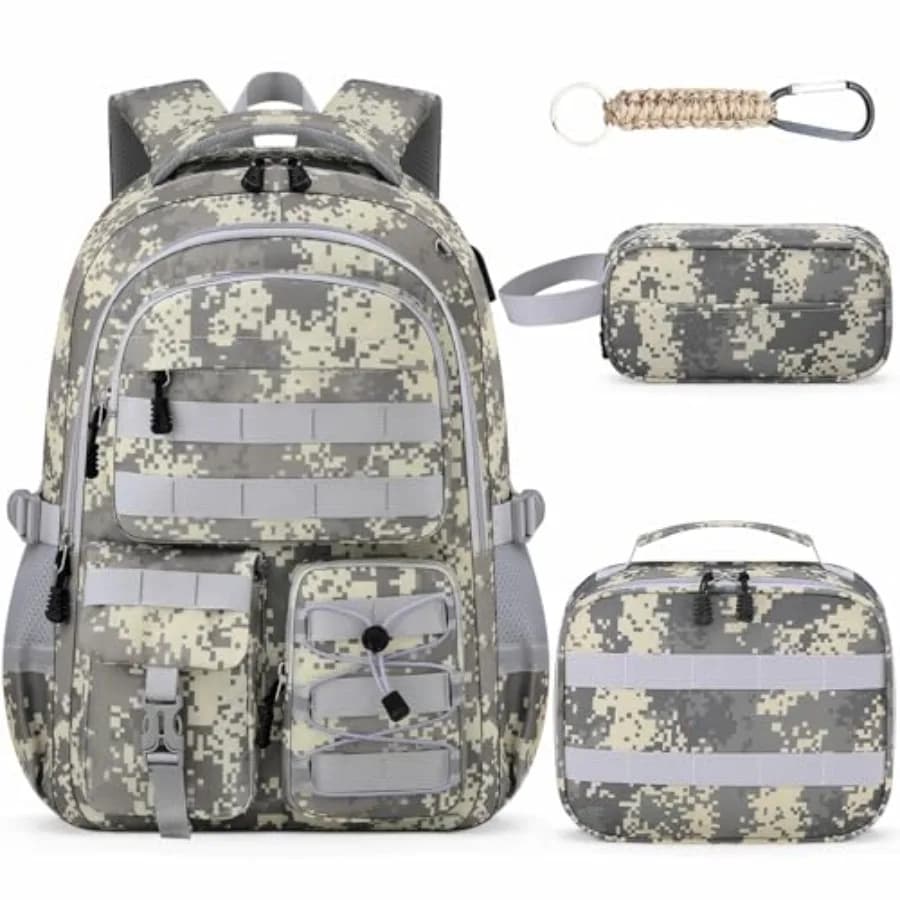 Zaino scolastico per ragazzi - Set 4 pezzi zaino mimetico per ragazzi con set porta pranzo per adolescenti, scuola elementare, media e superiore - 18 pollici mimetico S