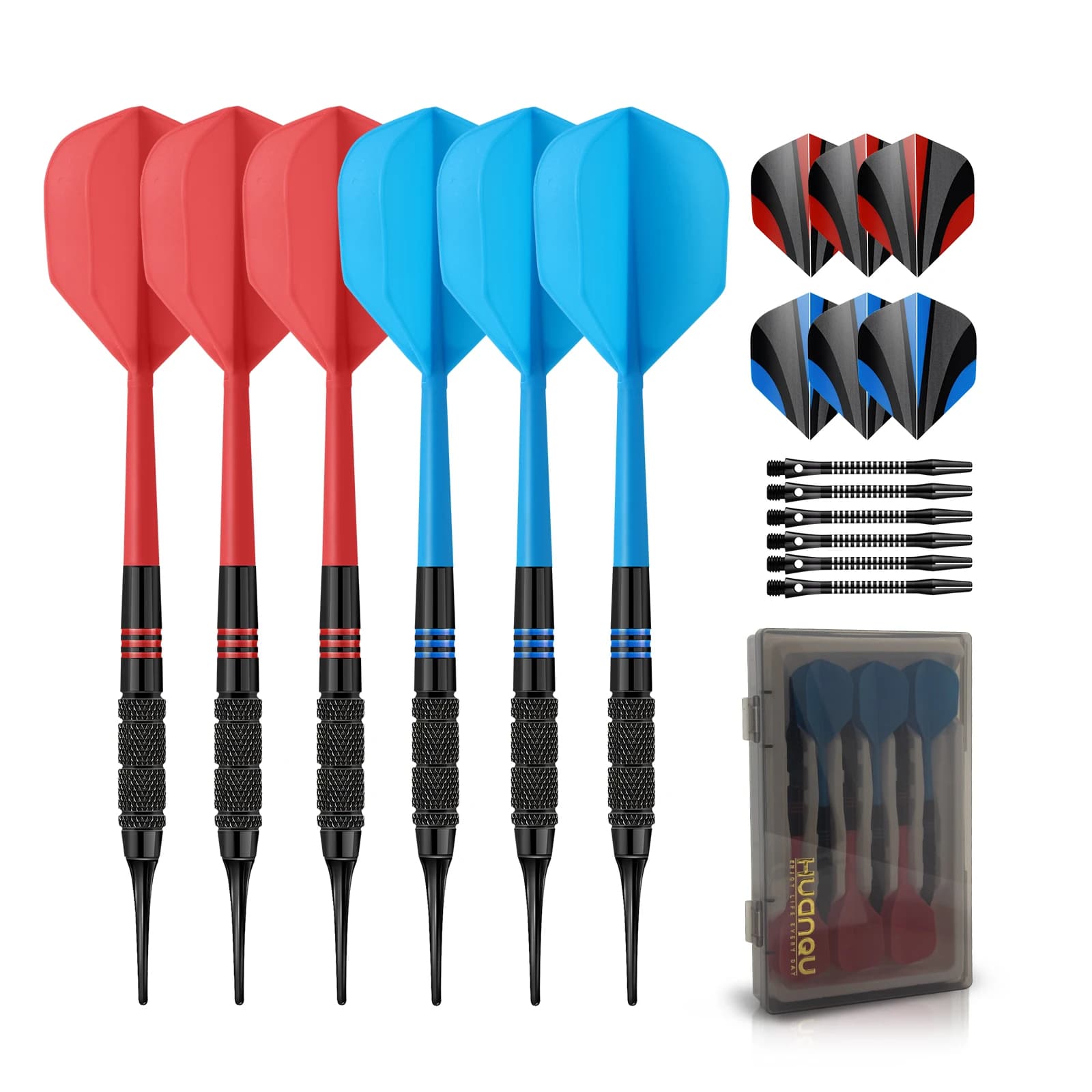 Set di freccette in ferro Huanqu da 15 g, freccette morbide integrate, freccette per allenamento professionale, include aste e alette di ricambio, punte di ricambio sicure, freccette per intrattenimento in famiglia e al bar, adatte per freccette elettroniche, set di freccette universale per adulti, confezione combinata multi-freccette.