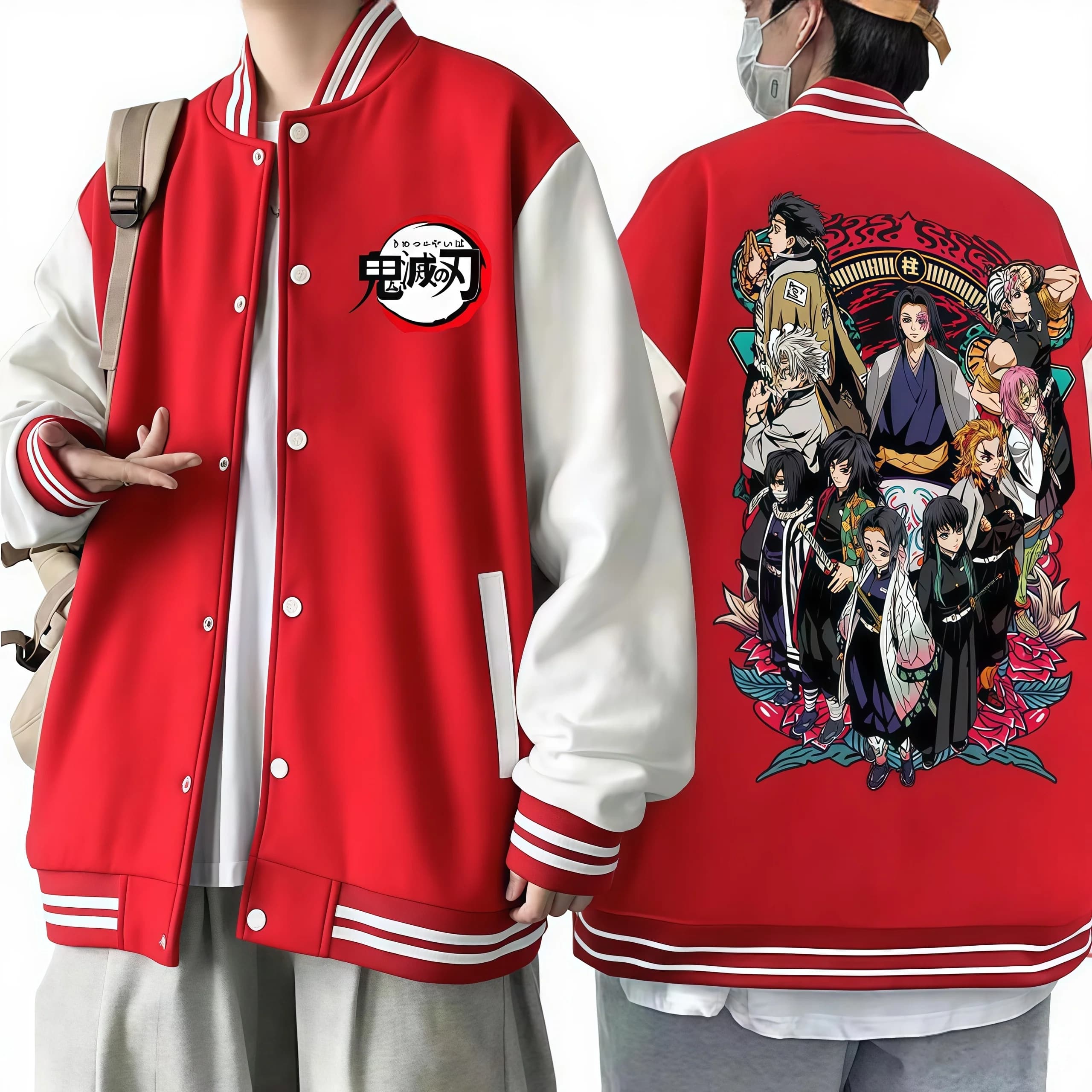 Demon Slayer Red White Baseball Jacket with Character Group Art and Japanese Title Logo Unisex Anime Fashion Outerwear