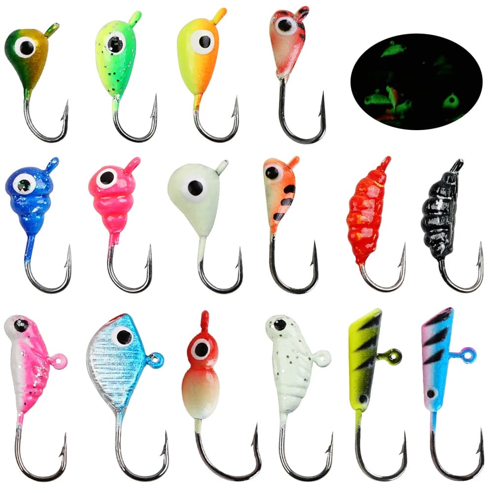 16 pieces fishing baits fishing masks on ice fishing equipment on the bright ice spigola cracks masks head hooks for the winter ice jigging recall