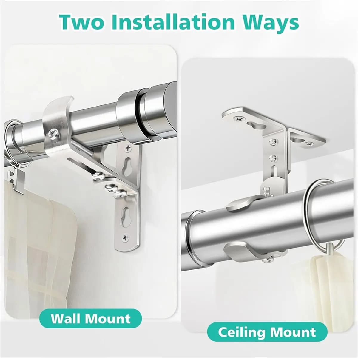 4PC Silver Curtain Rod Bracket, Adjustable Curtain Rods Holders Heavy Duty Ceiling Wall Mount Curtain Rod Hooks Hangers