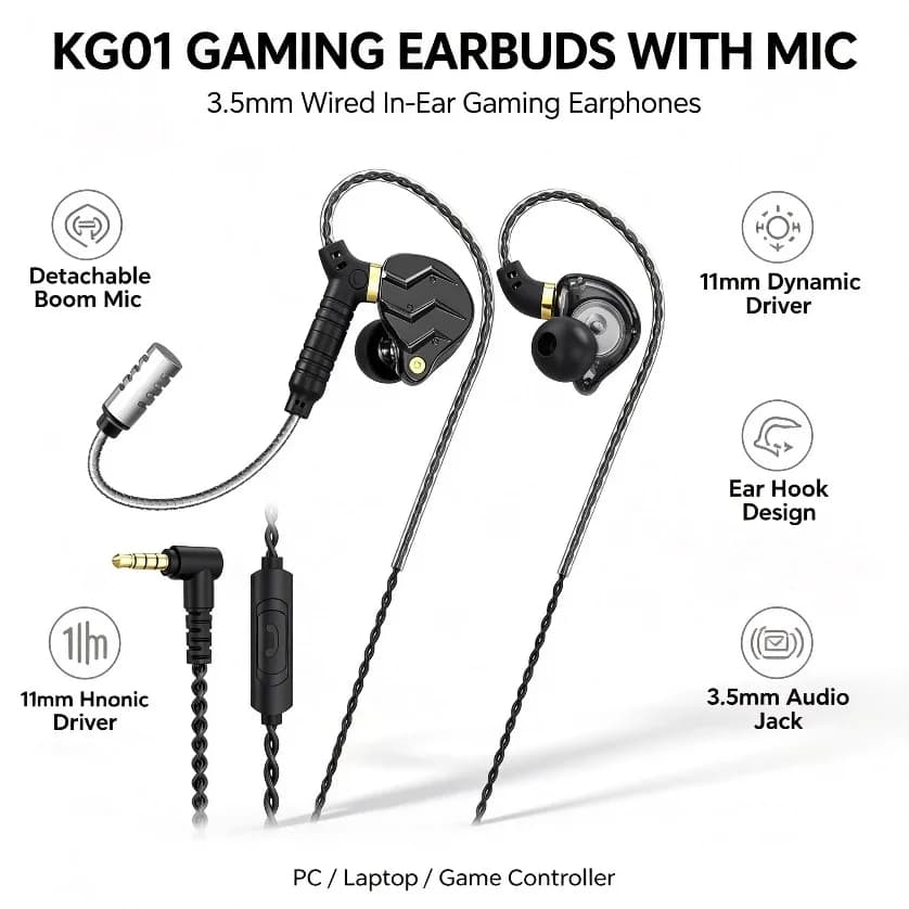 Earbuds with Mic Wired Gaming Detachable Boom Microphone 11mm Ear Hook Stereo for Mobile PC Android FPS Silver