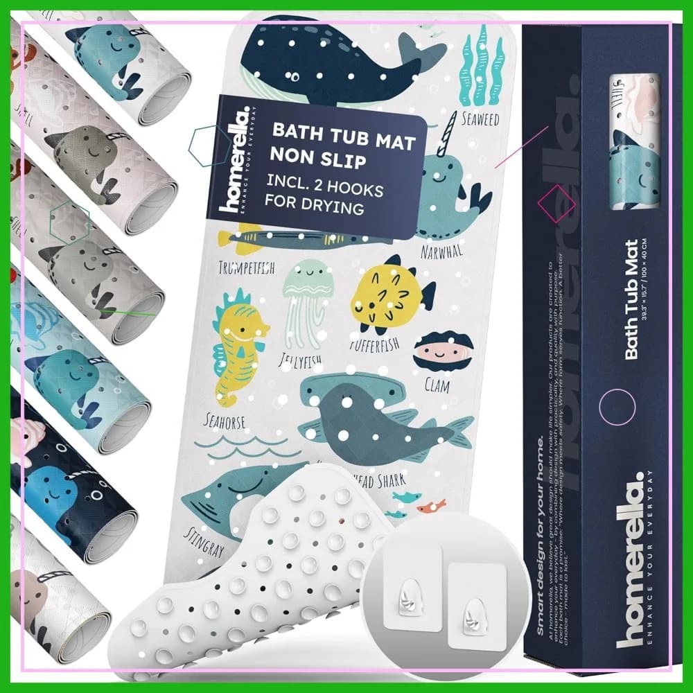 Tappetino da Bagno Antiscivolo per Bambini con Design di Animali Marini, Senza BPA e Anti-Muffa, Include Ganci e 200 Ventose