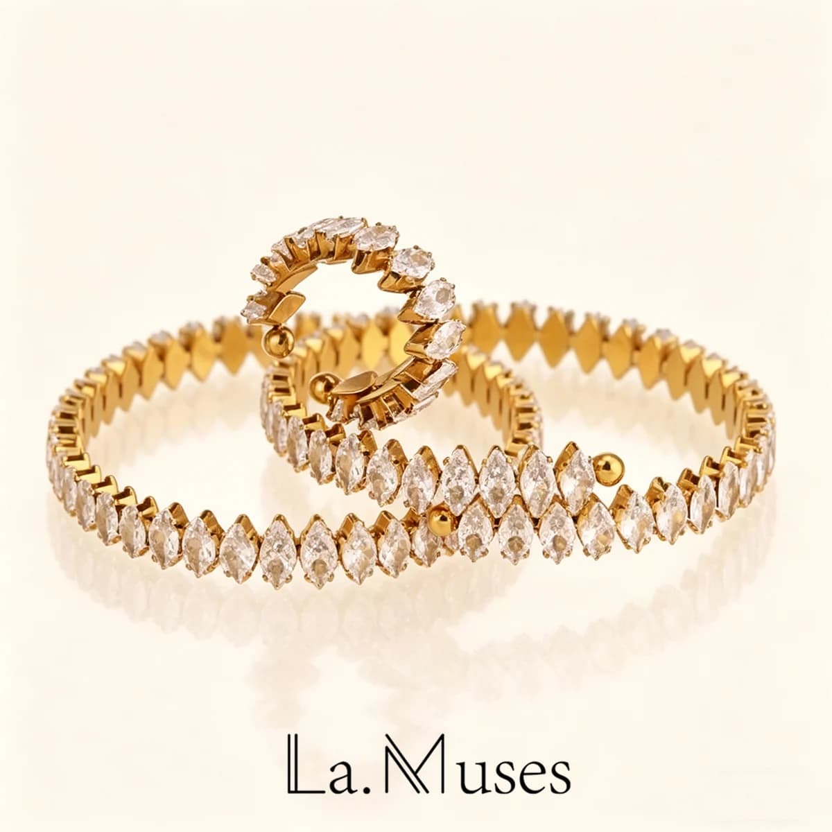 La. Muses Luxury Rhombus Zircon Opening Stainless Steel Cuff Bracelet For Women Shiny Gold Plated Women's Rings Jewelry Gifts