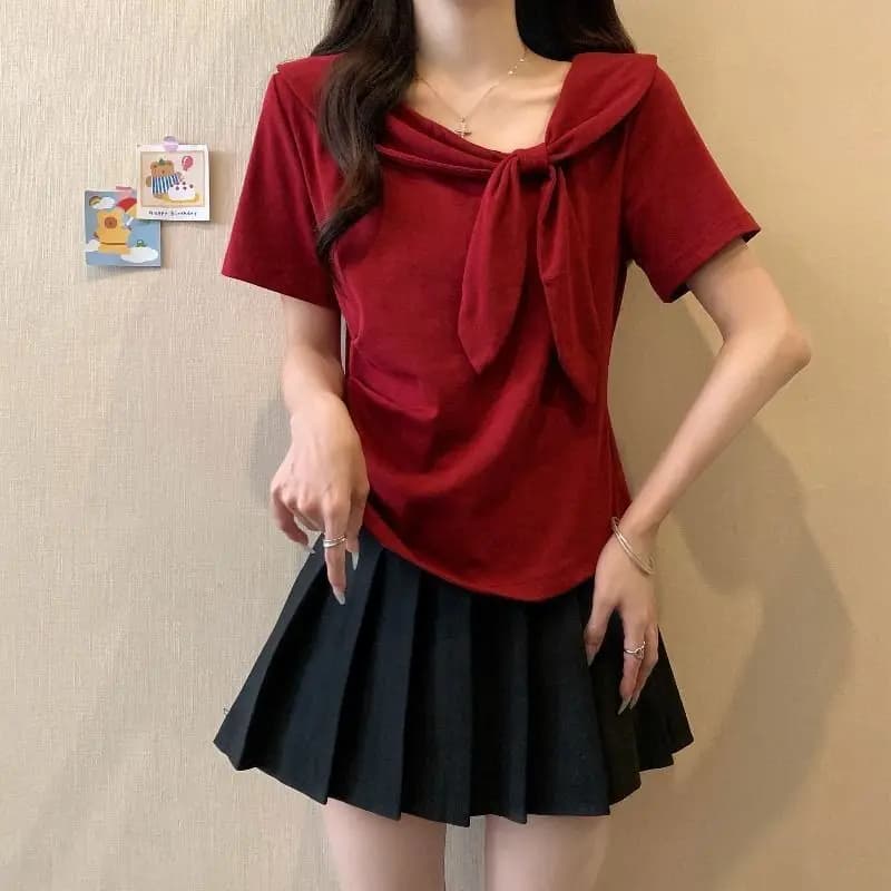 Summer Large-size Women's Clothing New Solid-color Thin and Meat-covering Irregular Navy Collar Bow Short-sleeved T-shirt