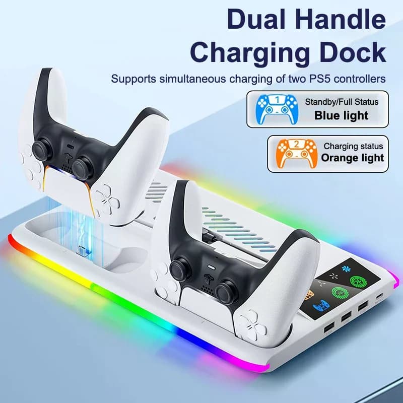 /&/Slim/ Stand Cooling Holder & Controller Charging Station With Headphone Hook RGB Light 3 Levels Cooling Fan For