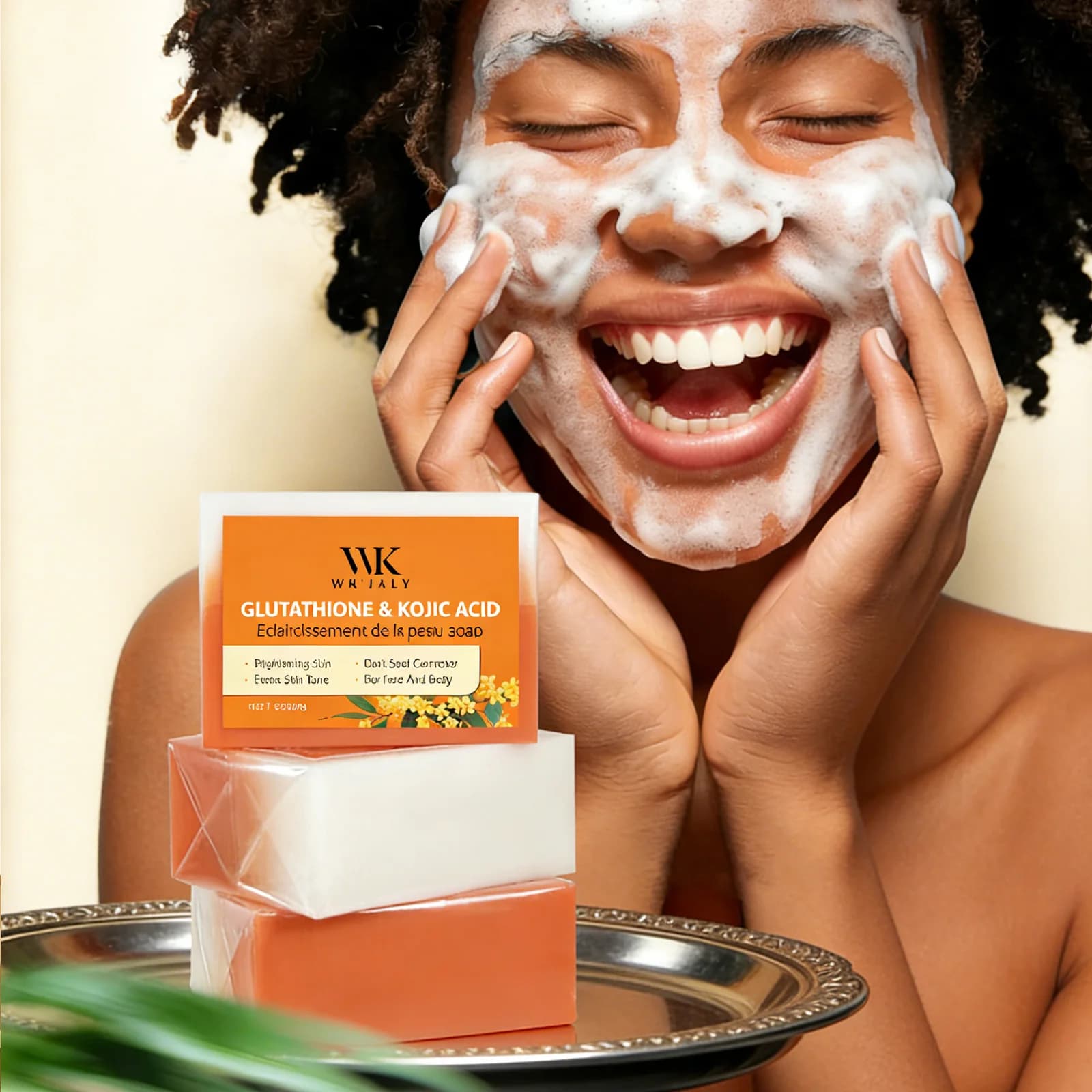 Sapone sbiancante all'acido kojico WK JALY, con glutatione, vitamina C, correttore per macchie scure, uniforma il tono della pelle, per viso e corpo 200g