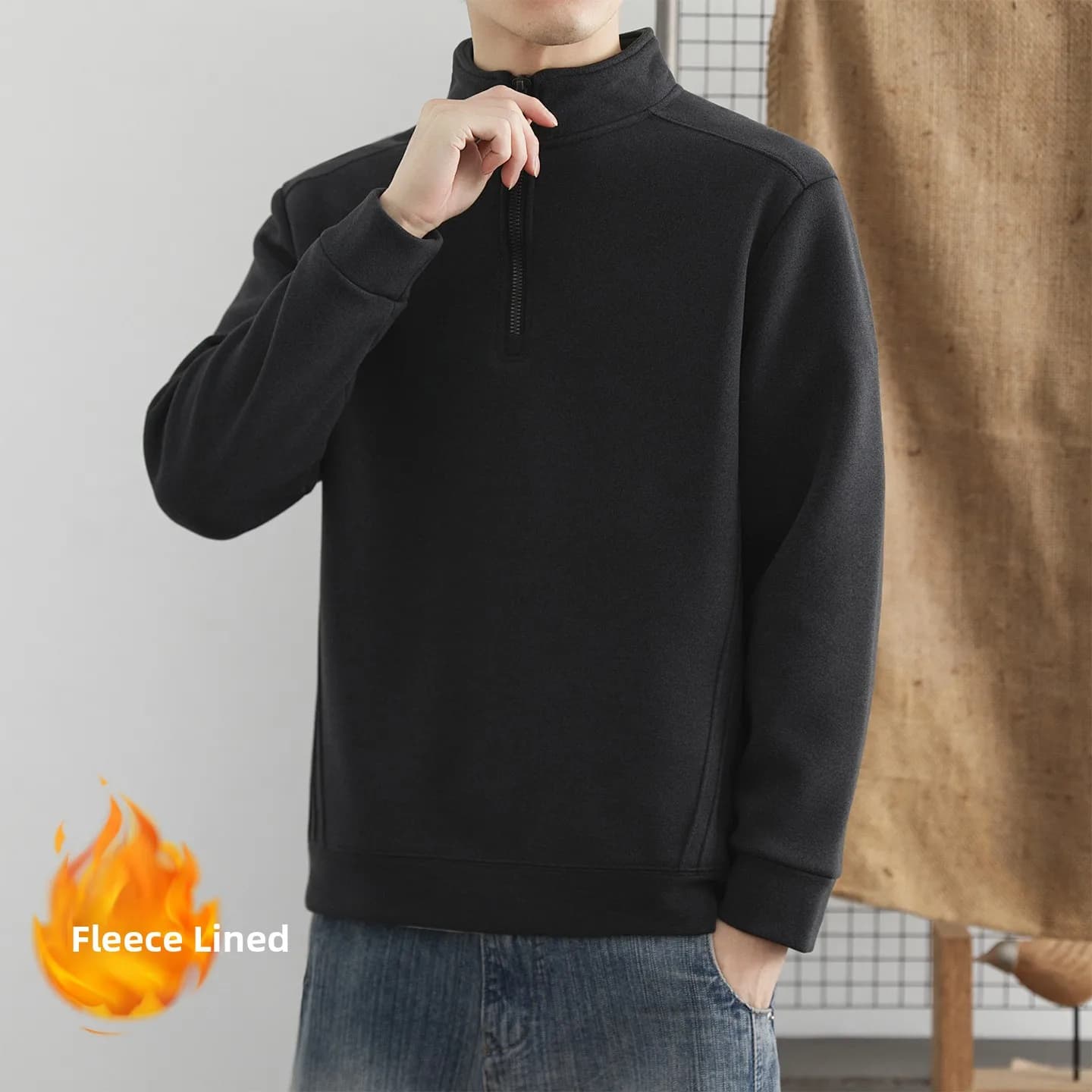 Men's Fleece Lined Hoodie Long Sleeve Zip up Casual Top Stand Collar Thickened Autumn Winter New Style Loose Fit Urban Fashion