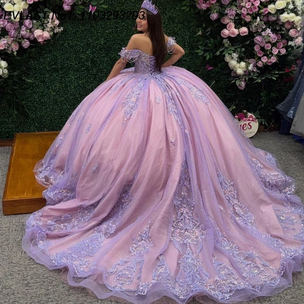 EVLAST Personalizzato Glitter Lavanda Abito di Sfera Del Merletto Abito Quinceanera Corsetto di Perline di Cristallo Dolce 16 Abiti Da 15 Anos E1Q554