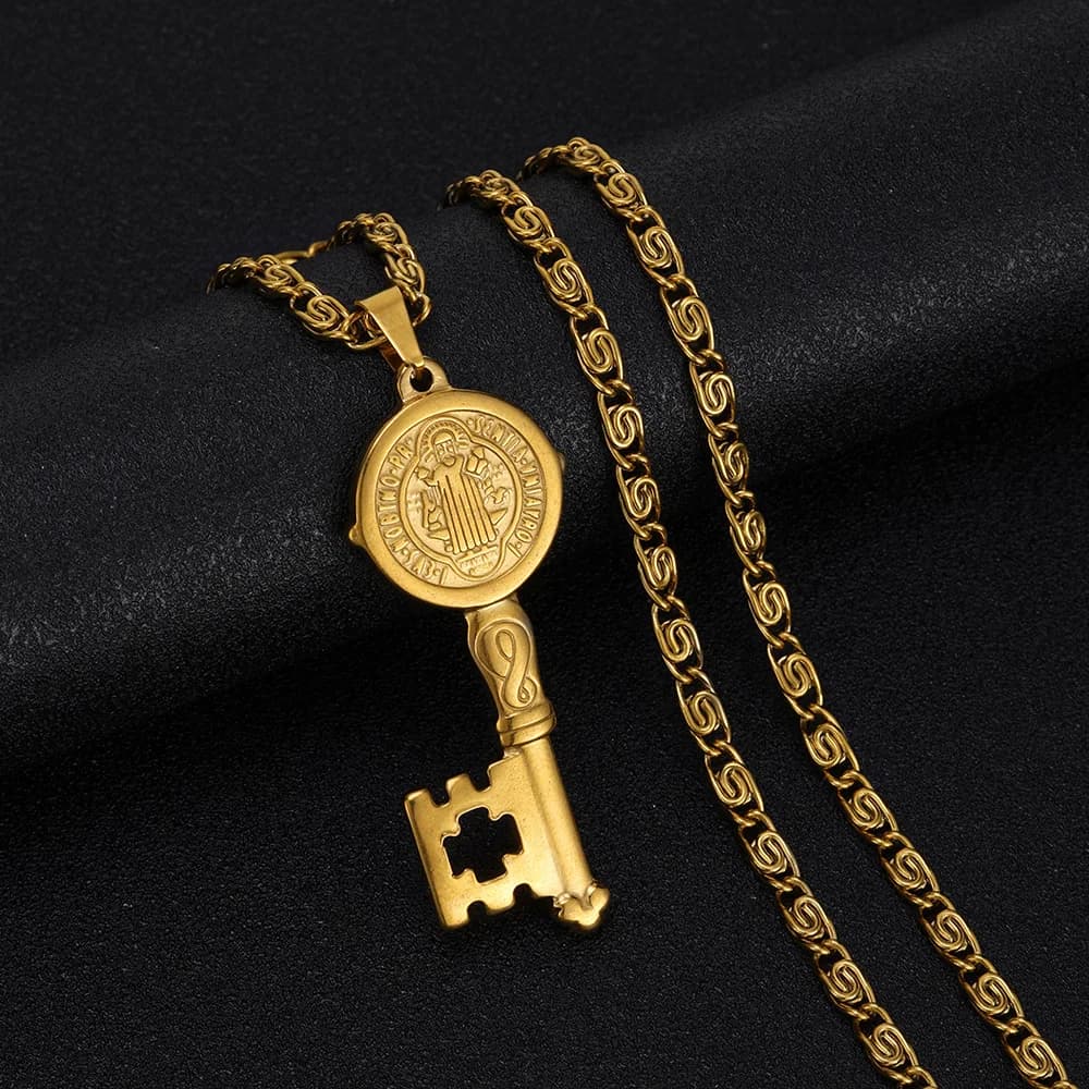 Collana con Pendente Chiave della Vita di San Benedetto per Uomo e Donna, in Acciaio Inossidabile, Stile Hip Hop, Gioielli con Medaglia di San Benedetto
