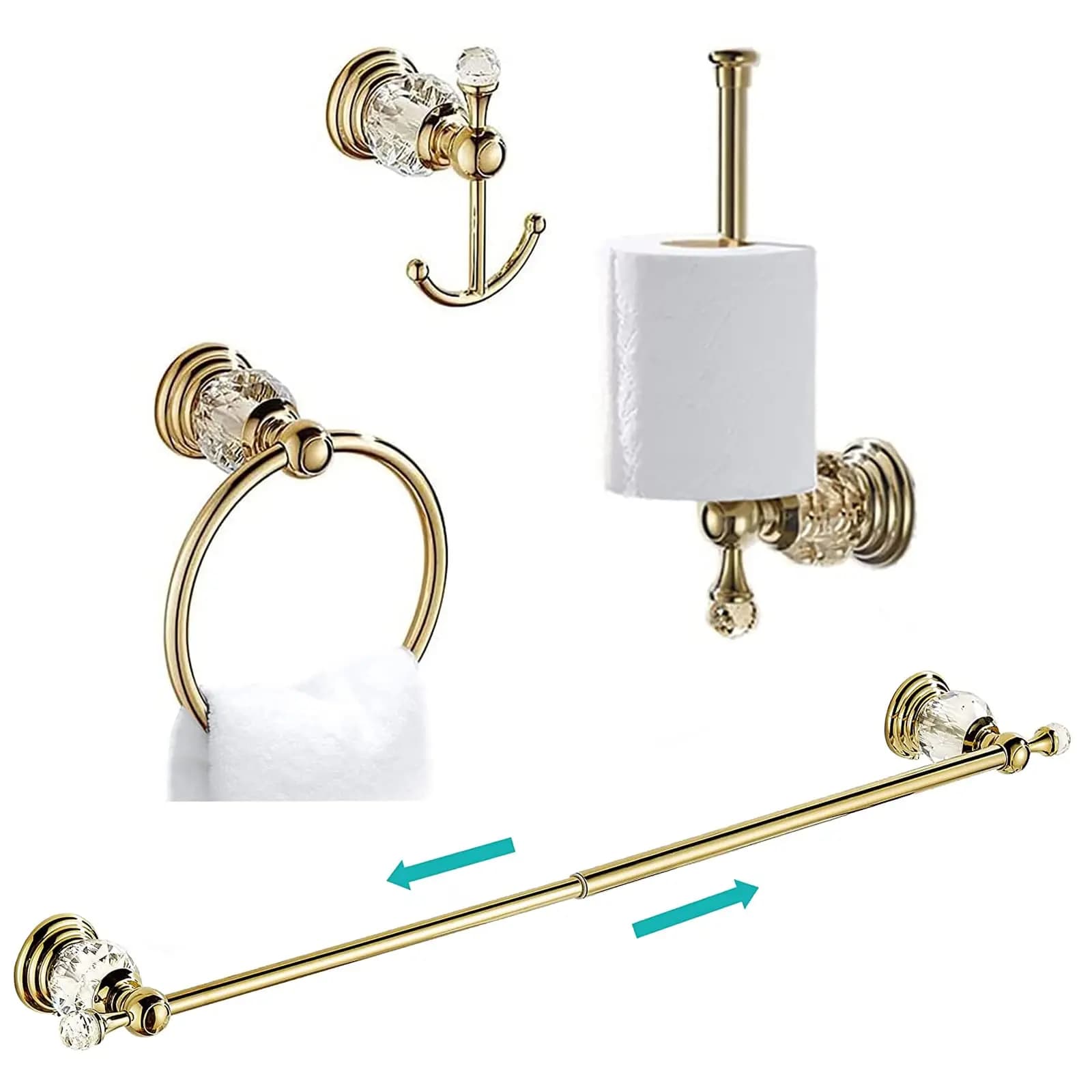 Shimmering Crystal-Embellished Wall Mount Bathroom Set: Adjustable Towel Bar, Ring, Toilet Paper Holder And Hook – 4 Piece
