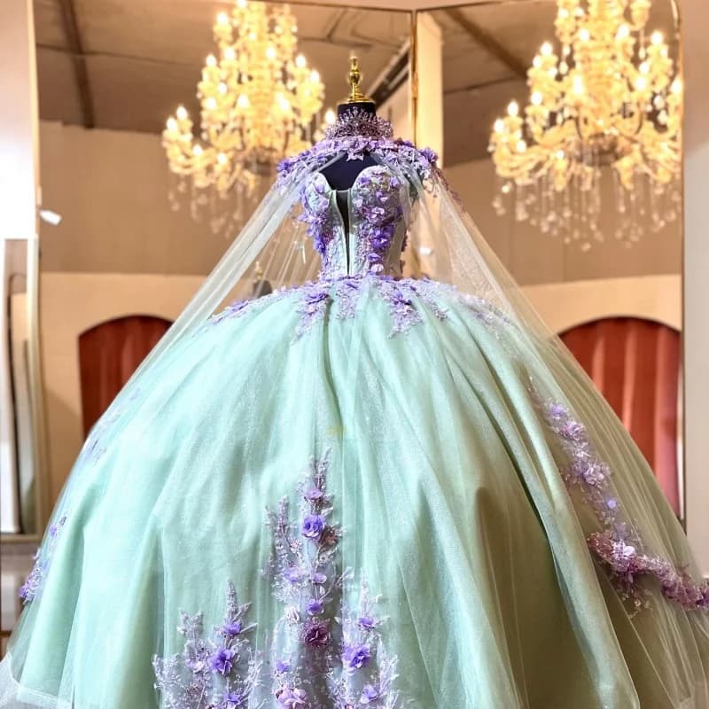 Abiti Quinceanera verde menta personalizzati con spalle scoperte applique tull coda lunga fiore 3D Vestido 15 Quinceanera