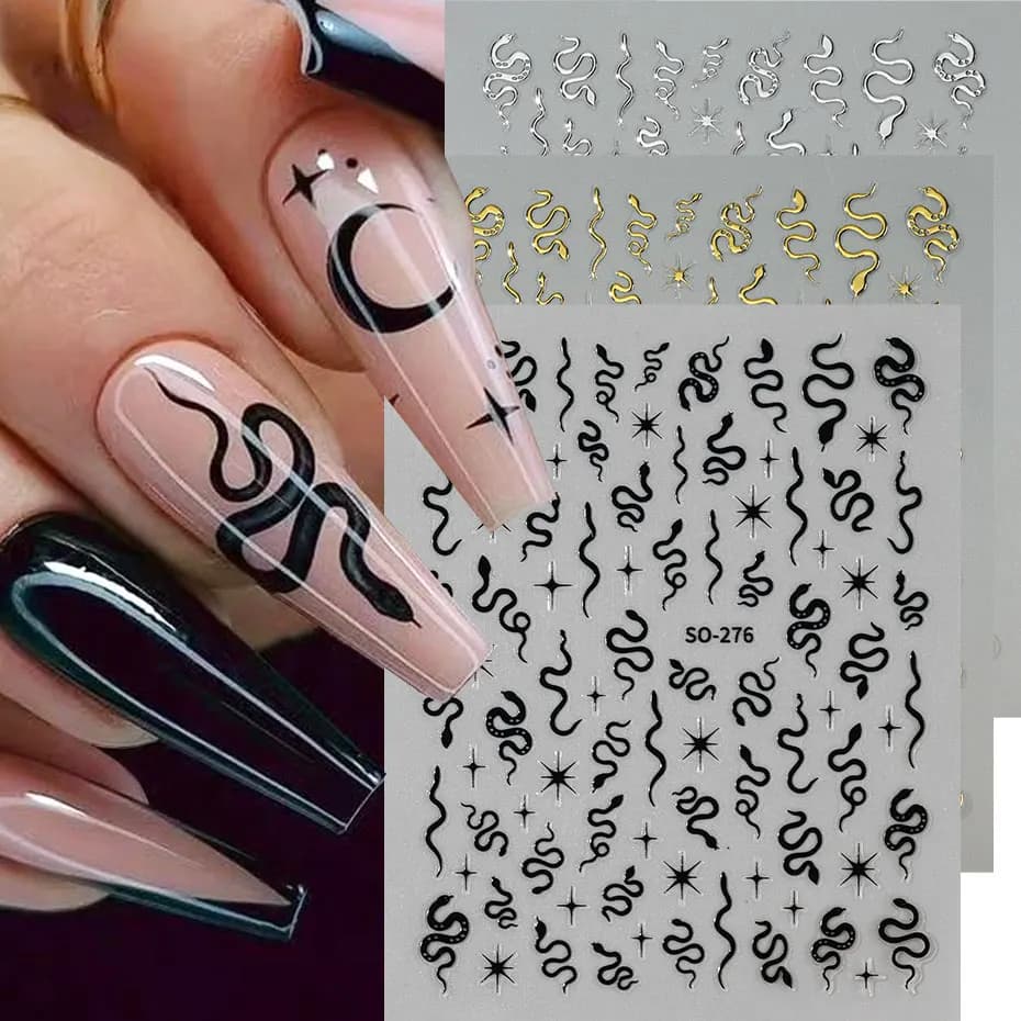 3 pezzi adesivi per nail art serpente nero 3D punk dorato argentato stampa animale decalcomanie Starlight strumenti per manicure anno serpente scuro gotico