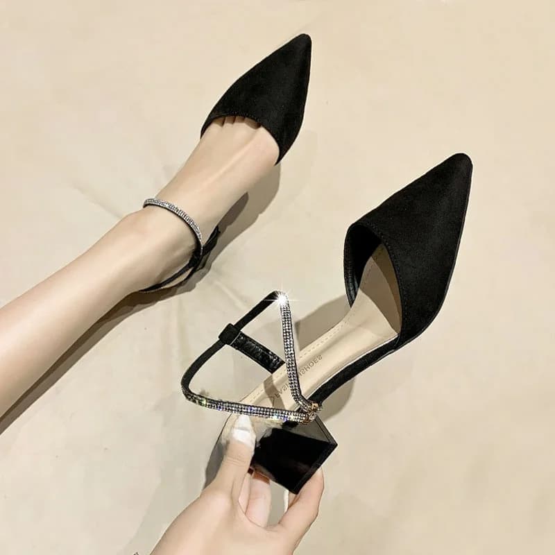 Fashionable Fairy Tale Style Women's Sandals Open Toe Sharp Pointed Head High Heels Buckle Strap Thick Heel Low Cut Casual Shoes