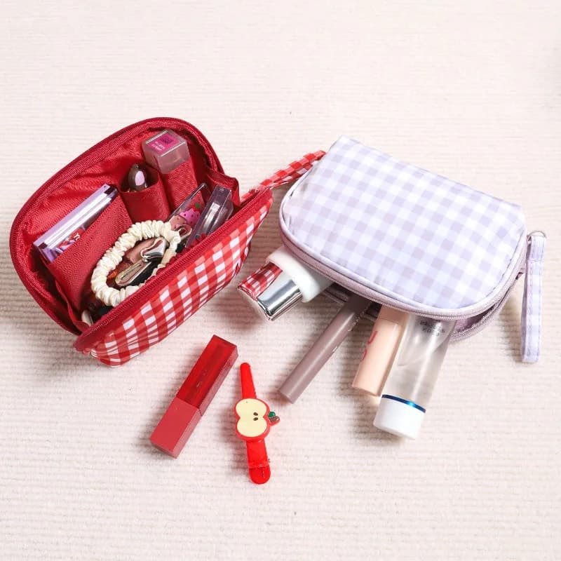 Graziosa Borsa a Quadri Rossa e Viola per Donne, Pochette da Viaggio Portatile, Piccola Borsa per Cosmetici e Articoli da Toeletta con Cerniera
