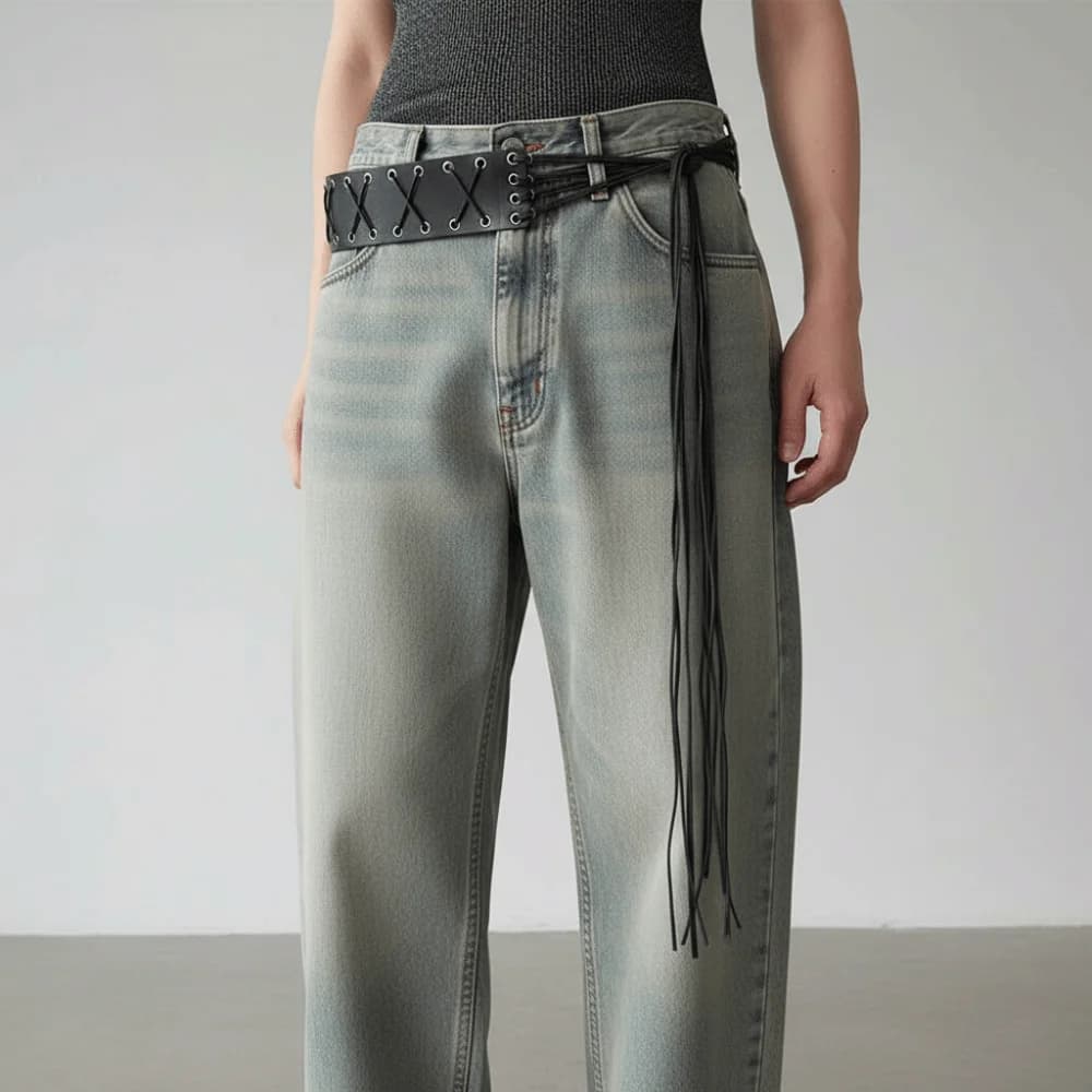 Cintura Punk Nera Regolabile con Lacci e Cinghie Larghe in Pelle, Catena in Vita Stile Americano per Uomo, Decorazione per Jeans con Nappine