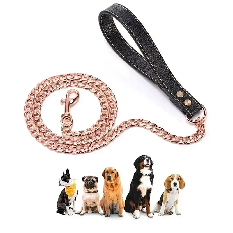 Guinzaglio per Cani NK in Acciaio Inox Oro Rosa, Catena in Metallo Nero con Dettagli in Pelle PU per Cani Piccoli e Grandi