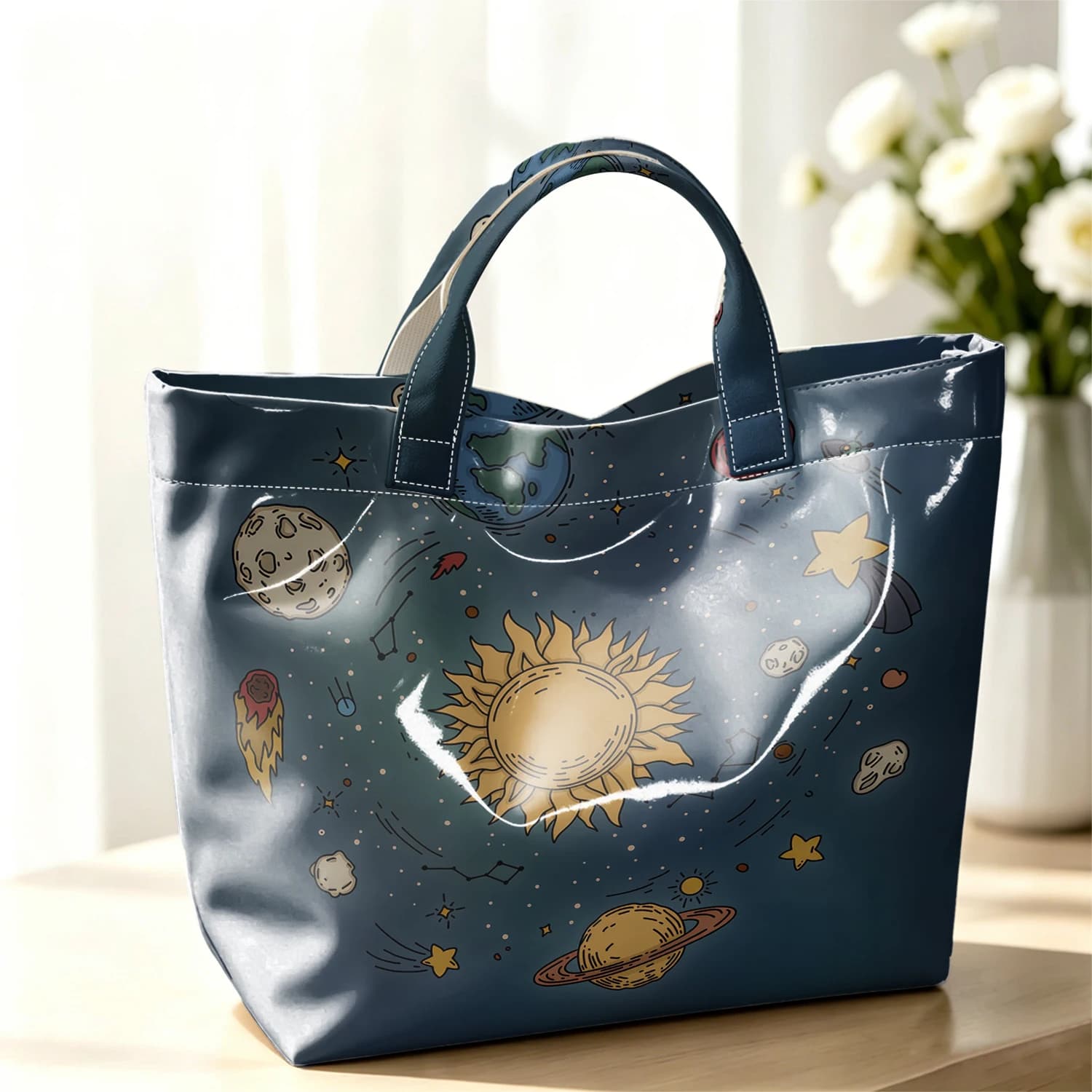 Space Doodle Fashion Large Glossy PVC Tote Bag Hand Washable Waterproof Perfect Travel Commute Cosmetic Storage Shopper