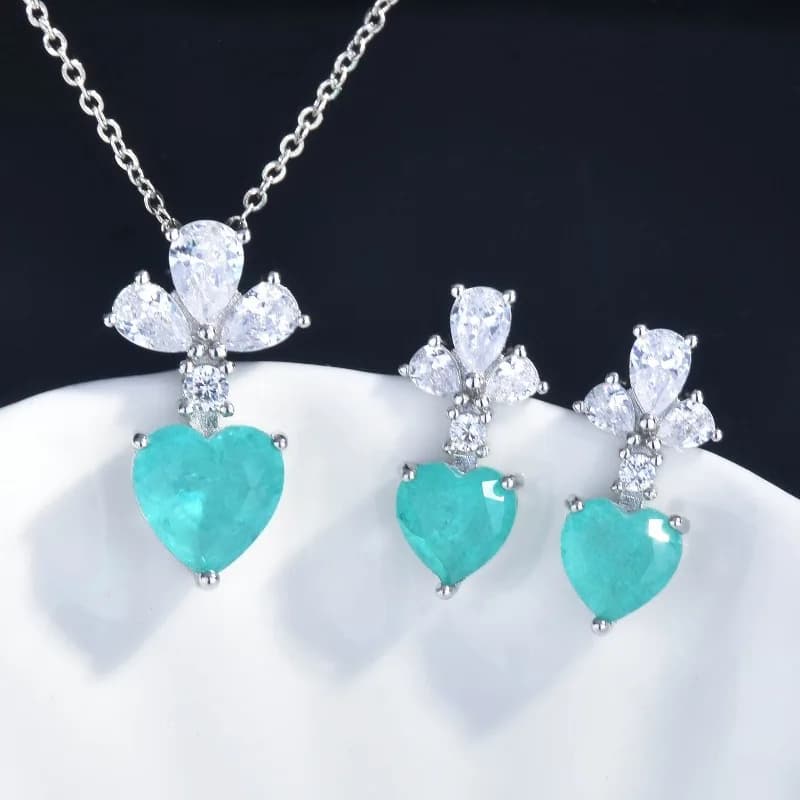 Simple and sweet love pendant inlaid with blue lake imitation Paraiba set of crystal necklace button earrings with female clavicle