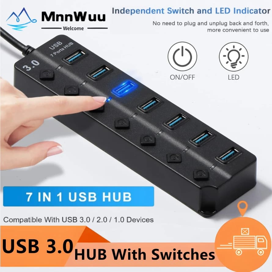 Hub USB 3.0 Splitter hub USB a 7 porte con interruttori on/off individuali per MacBook Laptop Surface Pro PS4 PC Flash Drive HDD mobile