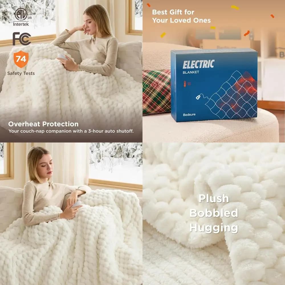 Coperta elettrica in flanella Sherpa con 6 livelli di calore, 4 timer e spegnimento automatico di 3 ore, 50x60 pollici, bianco cocco